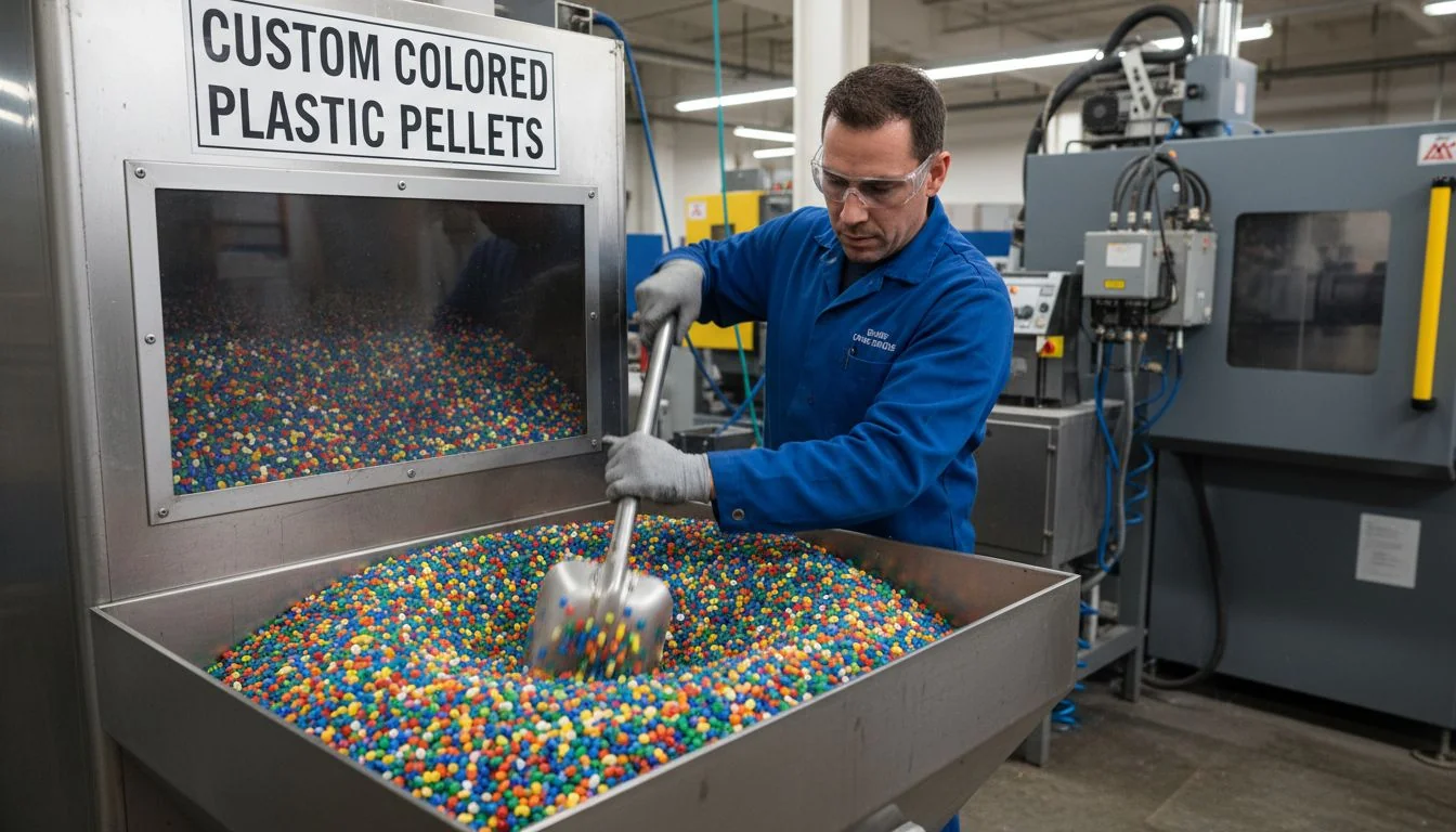 A factory worker mixing custom-colored plastic pellets before they go into an injection molding machine.