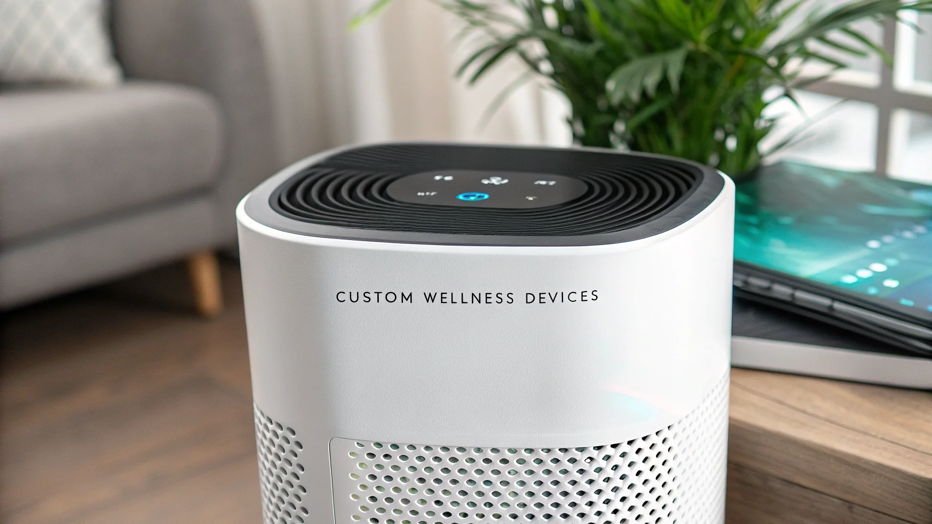 Close-up of a high-tech air purifier with a sleek design