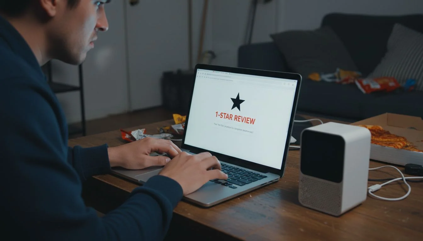 An image of a customer leaving a 1-star review on a laptop, with a generic-looking product next to it.