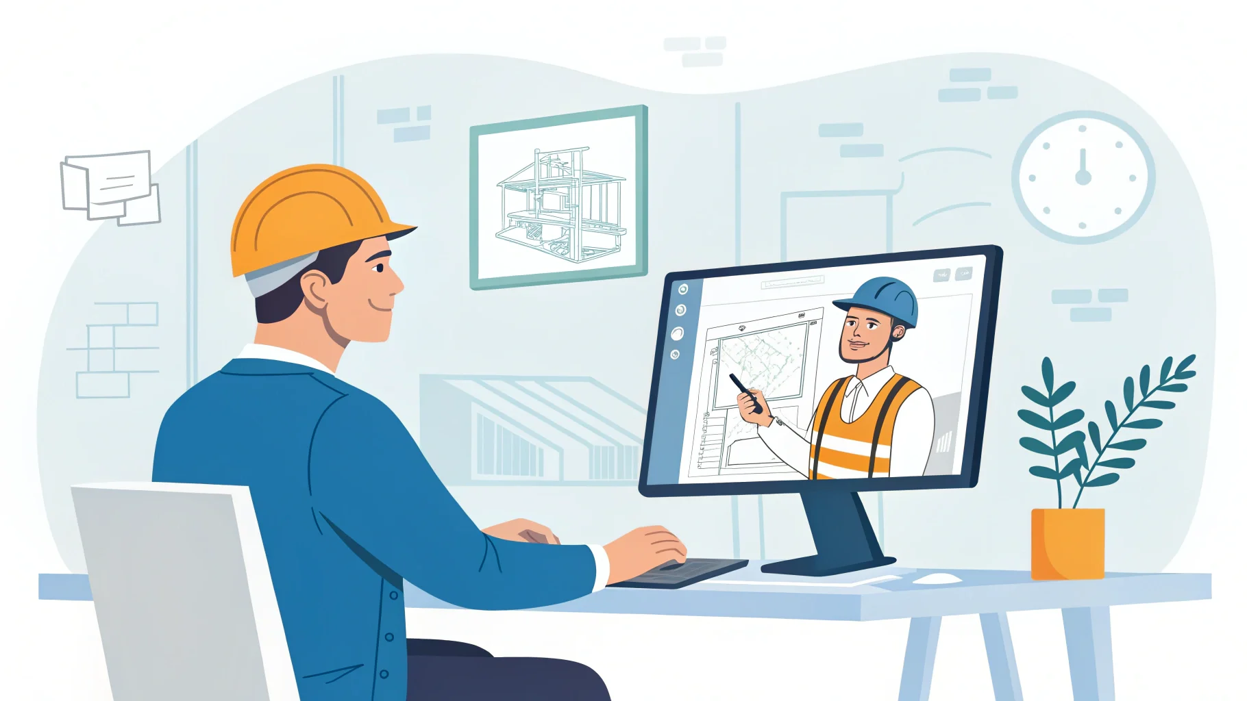 A startup founder having a video call with an engineer, looking at product schematics.