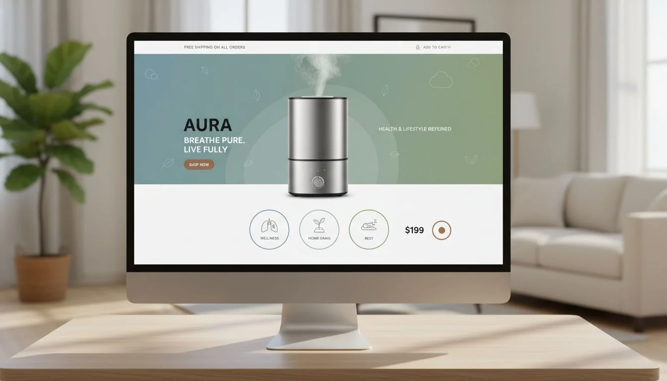 D2C Brand Marketing Steel Humidifier A modern D2C brand's website showcasing a stainless steel humidifier as a health and lifestyle product