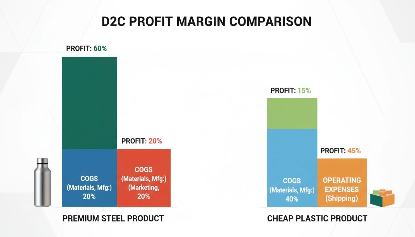 A graphic showing a D2C brand's profit margin being much larger for a premium steel product vs. a cheap plastic one.