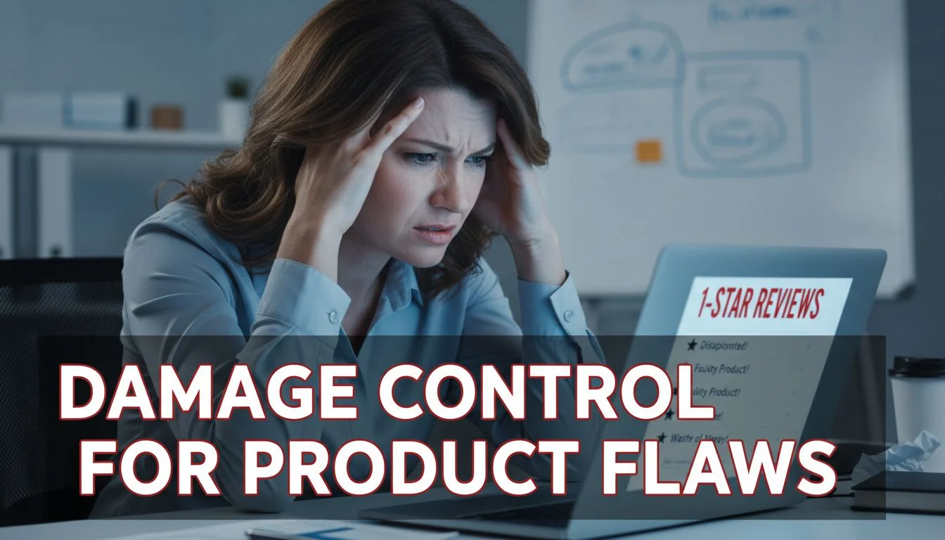 A frustrated brand owner looking at a laptop screen showing 1-star reviews.