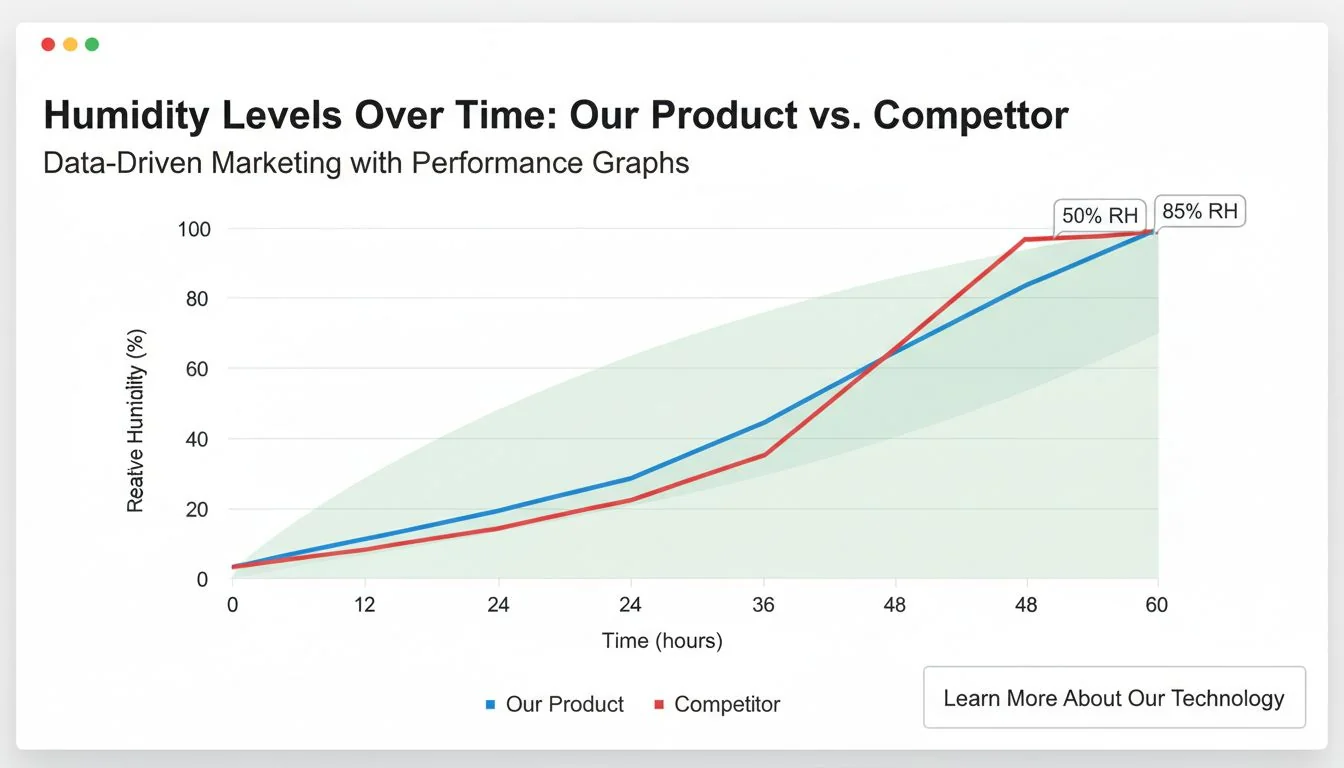 Data-Driven Marketing with Performance Graphs A graph on a product website showing humidity levels rising over time compared to a competitor's product.