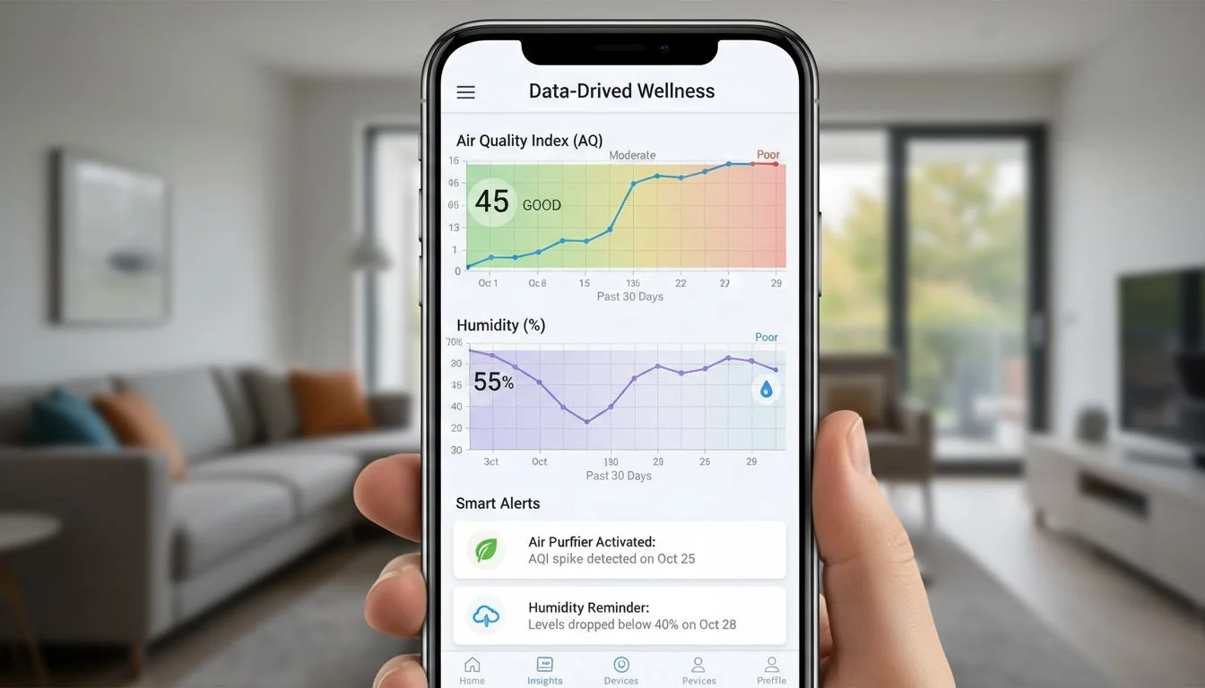 Data-Driven Wellness App A smartphone screen showing a wellness app with historical data graphs for air quality and humidity, with smart alerts.