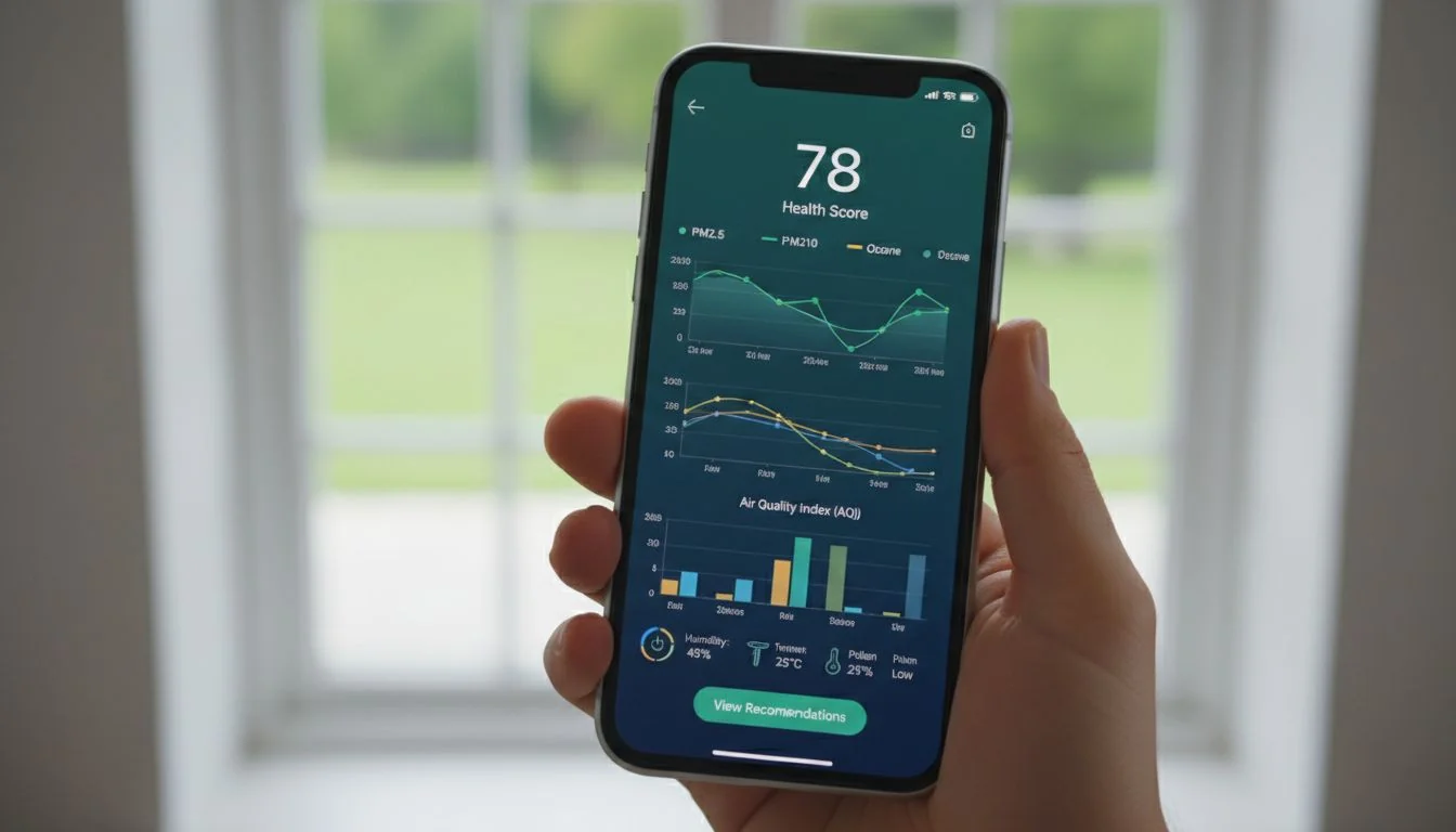 Data Visualization App smartphone screen displaying air quality graphs and health score