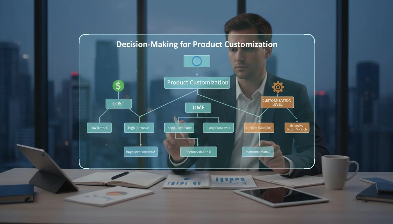 A person at a desk looking at a decision tree comparing cost, time, and customization level