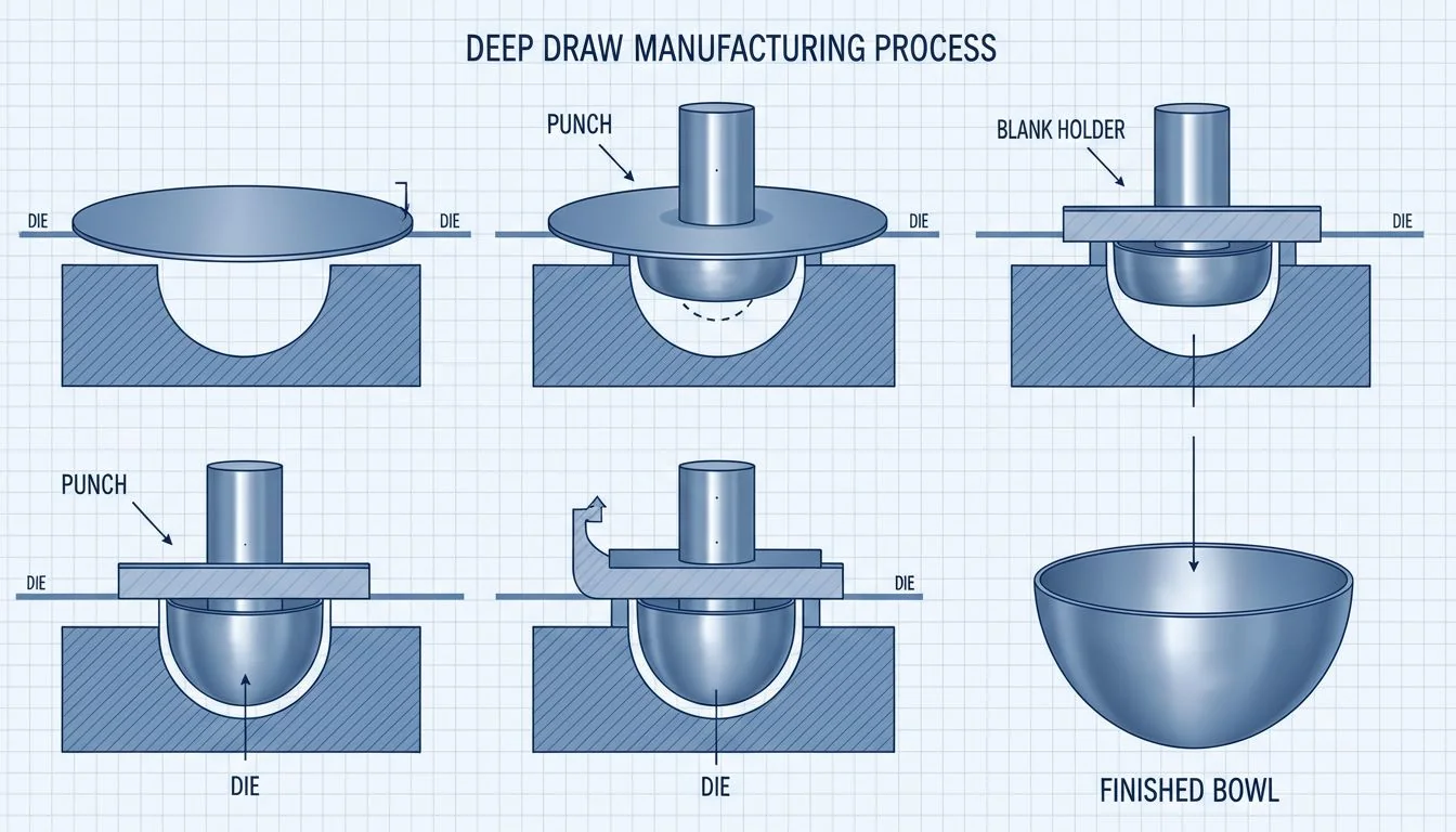 deep draw manufacturing process showing steel sheet becoming a bowl