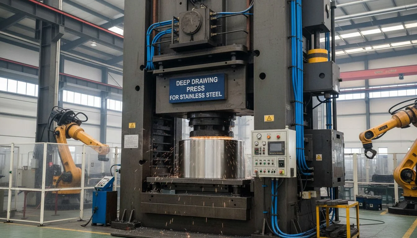 Deep Drawing Press for Stainless Steel A large industrial metal stamping press forming a stainless steel part