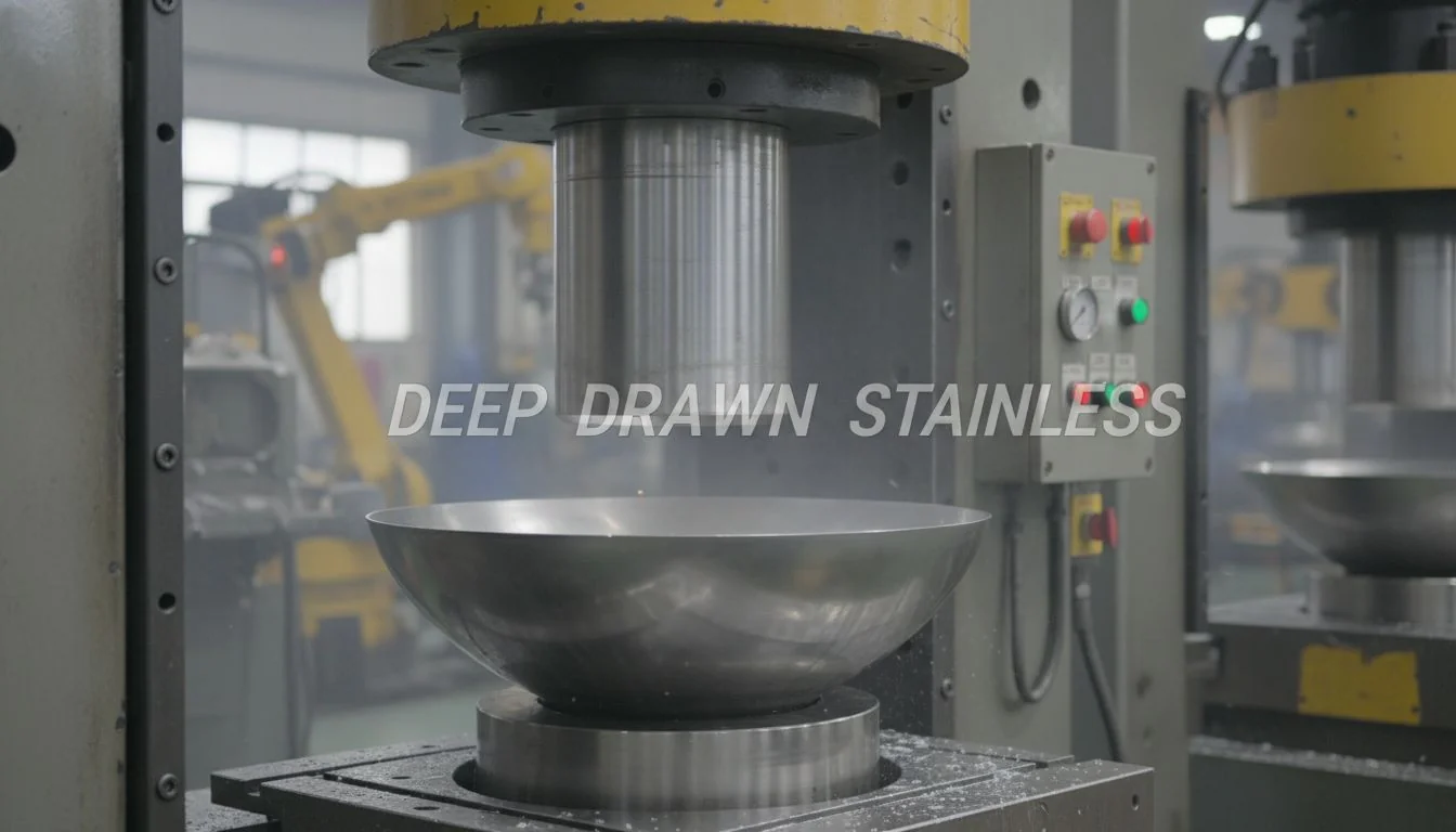 An industrial deep-drawing press shaping a sheet of metal into a humidifier tank.