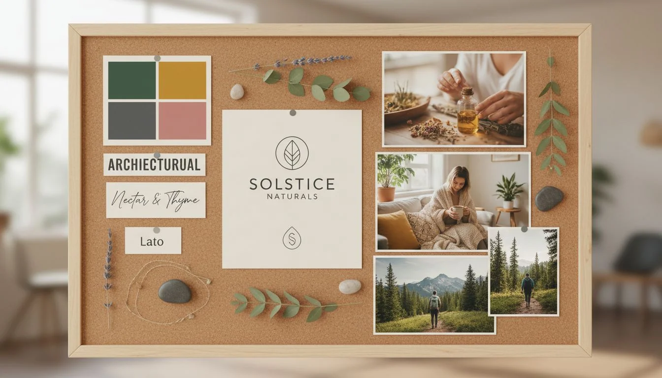 A mood board with brand colors, fonts, logo variations, and lifestyle imagery.