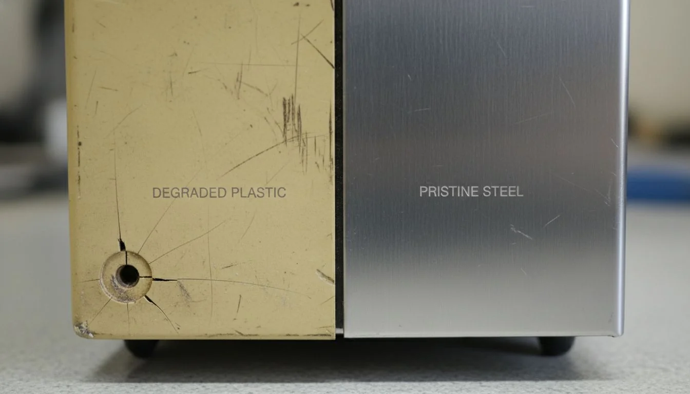 A close-up of a yellowed, scratched plastic electronic casing next to a pristine stainless steel one.