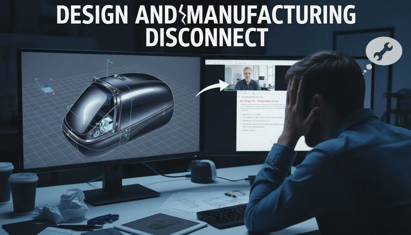A frustrated designer on a video call, with a 3D model on one screen and an email from a factory on another.