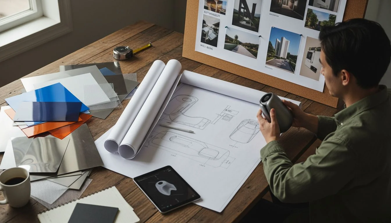 Designer Aligning Product with Brand Values A designer's desk with material samples (plastic and steel), CAD drawings, and a brand mood board.