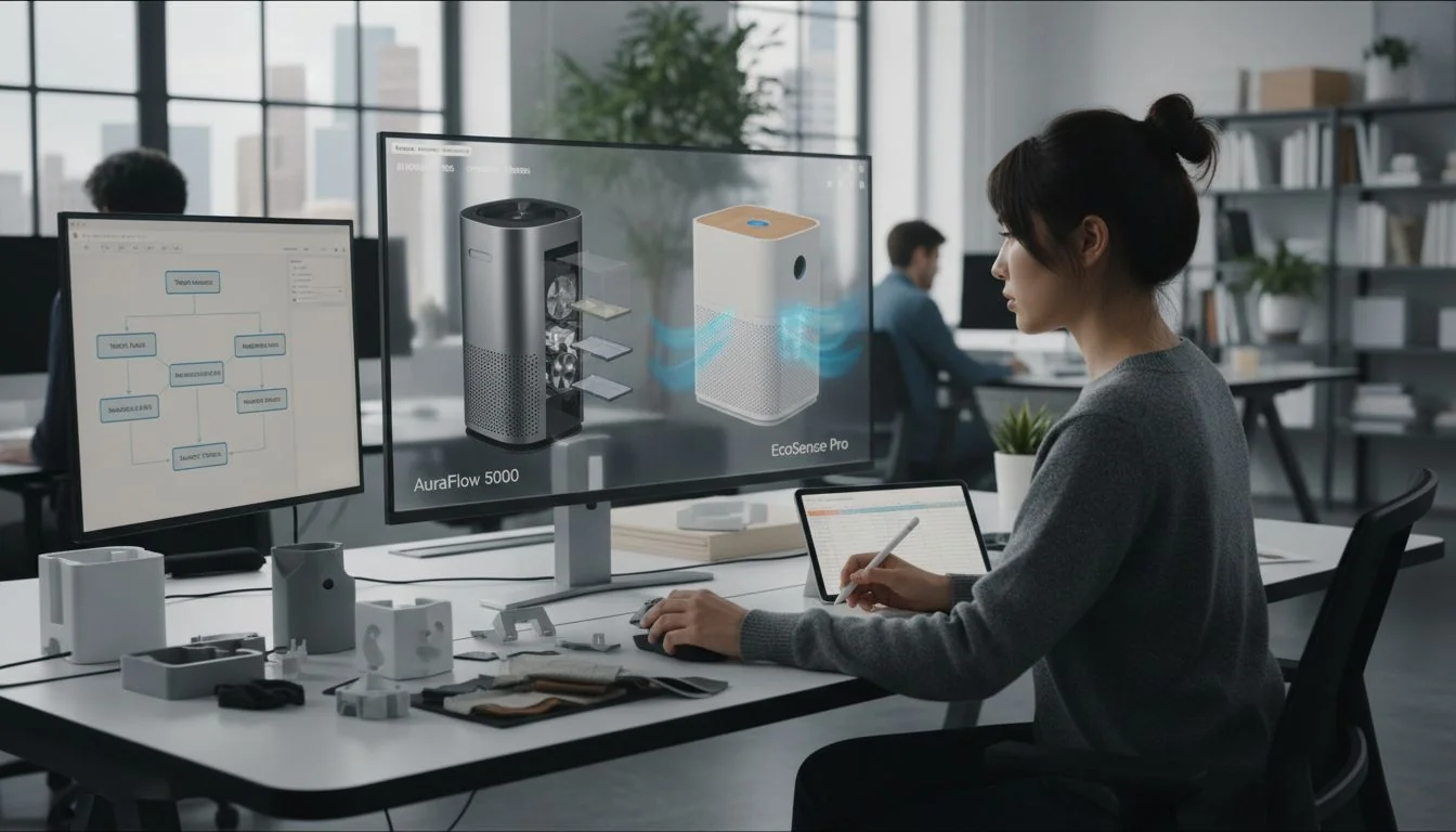 Designer analyzing product mix Product Designer looking at CAD models of two different purifiers