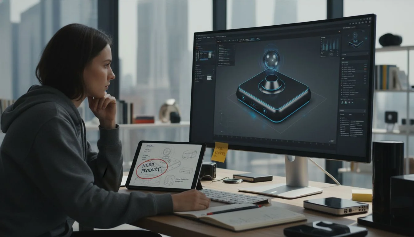 Designer Planning a Hero Product A product designer looking thoughtfully at a CAD model of a new product on a computer screen.