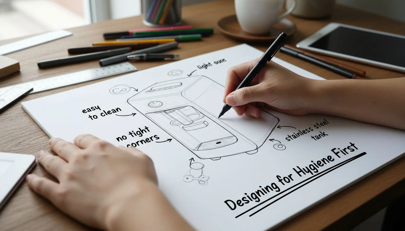 Designing for Hygiene First A designer's hands sketching a product, with notes like "easy to clean," "no tight corners," and "stainless steel tank" visible.