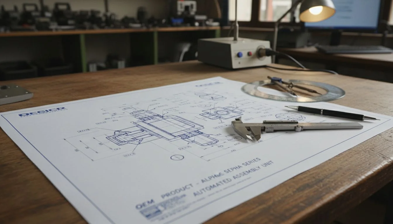 Detailed engineering blueprint for an OEM product An image of a detailed engineering blueprint with calipers and design tools on top of it