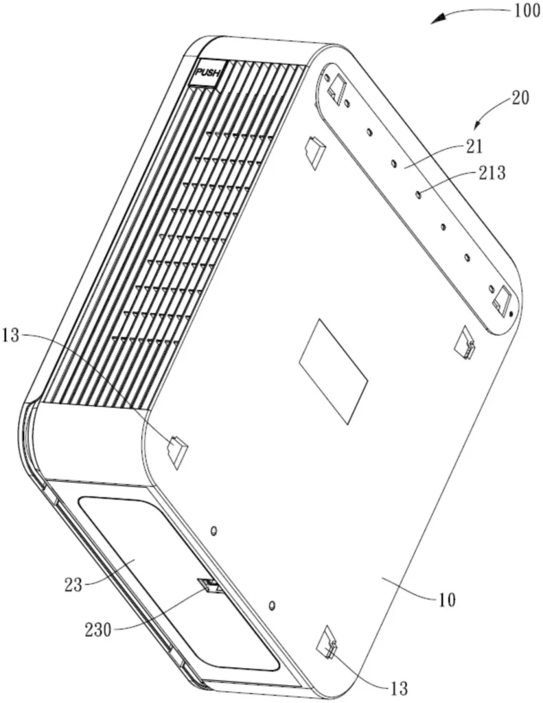 Technical illustration of a device housing showing vents, labeled components, and a push button.
