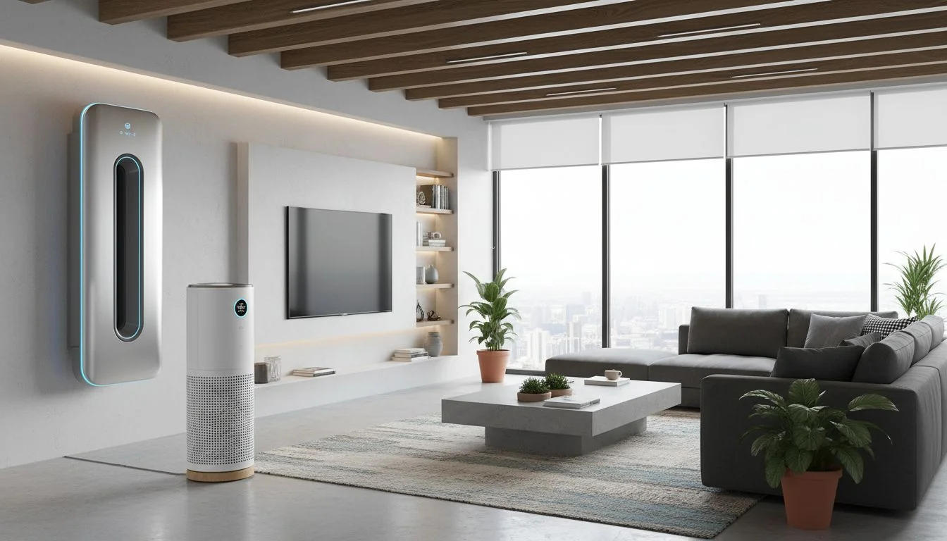 Differentiated Air Purifier Product Line modern living room with wall mounted air purifier and floor unit