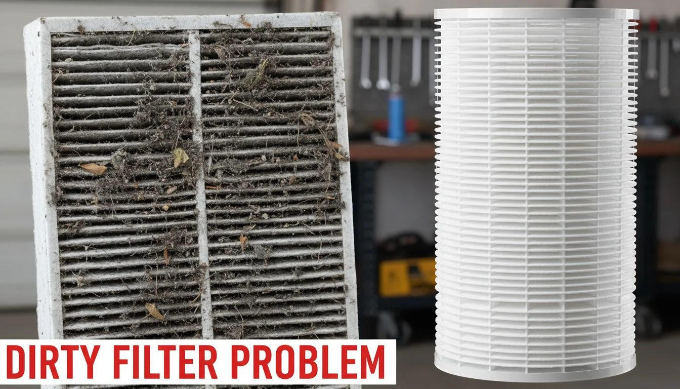 Dirty Filter Problem Close up of dirty HVAC filter vs clean air purifier