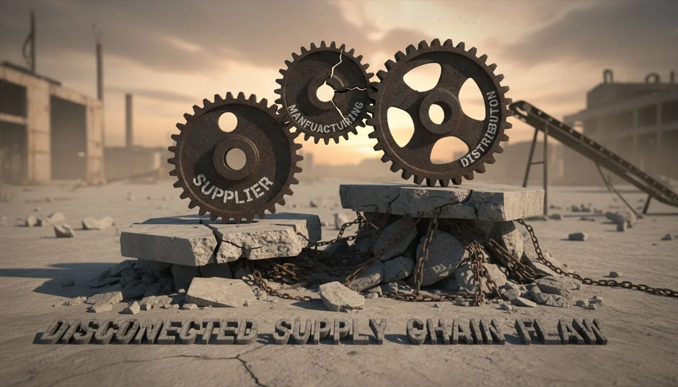 Disconnected Supply Chain Flaw An image of three disconnected gears that are not meshing, symbolizing a broken process