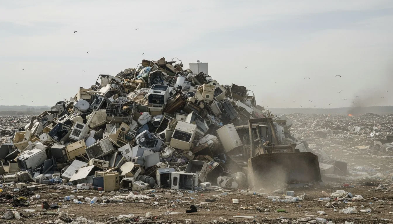 A pile of discarded plastic home appliances, like humidifiers and air filters, in a landfill.