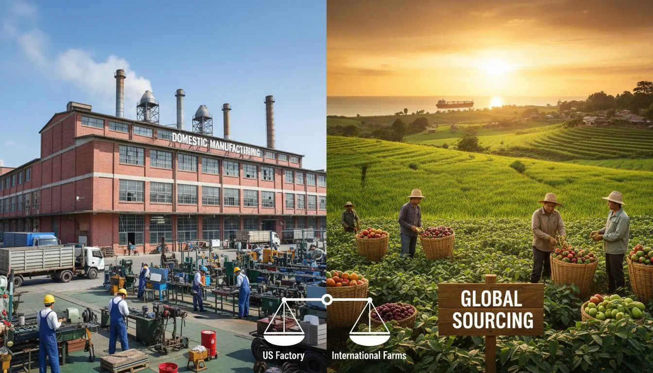 A split image showing a US factory on one side and international farms on the other