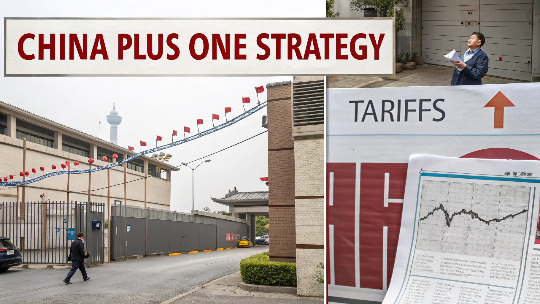 A collage of images: a graph showing rising costs, a newspaper headline about tariffs, and a photo of a closed factory gate with a lockdown notice.