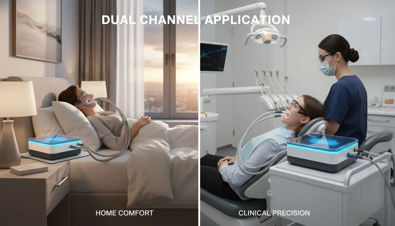 Split image showing same unit in a bedroom and a dental office