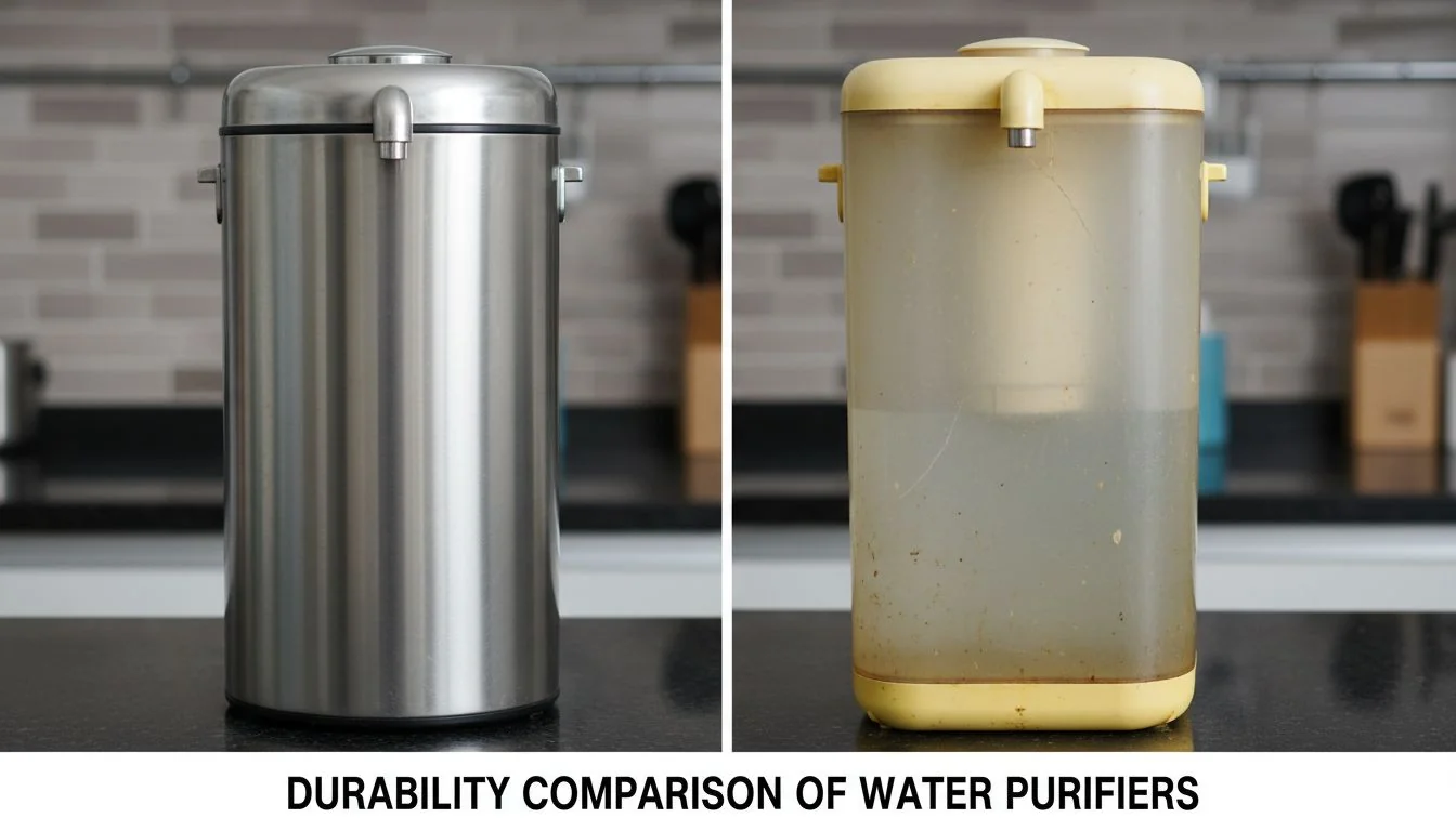 An image showing a 5-year-old stainless steel water purifier next to a 5-year-old plastic one, with the plastic one looking yellowed and worn.