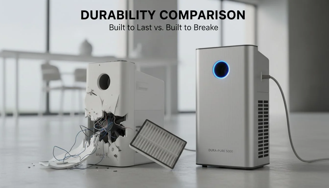 broken cheap air purifier next to durable premium unit