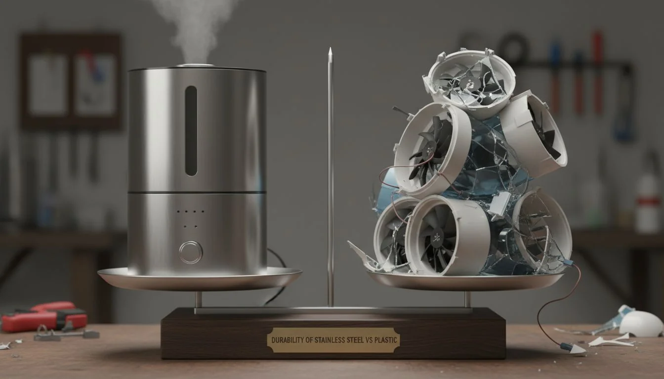 Durability of Stainless Steel vs Plastic A single stainless steel humidifier on one side of a scale, balancing a pile of 5 broken plastic humidifiers on the other.