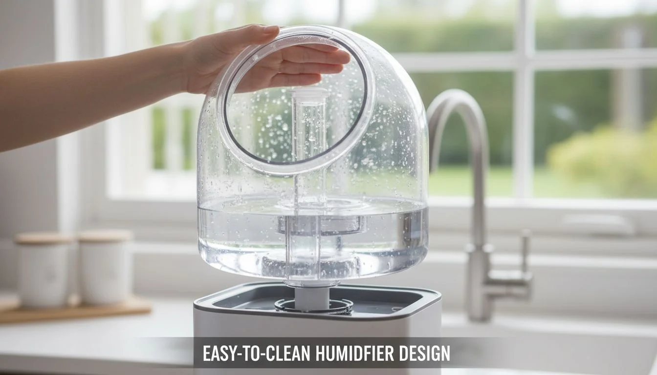 Easy-to-Clean Humidifier Design Hands easily lifting a wide-mouth water tank from a humidifier, showing how simple it is to fill and clean.