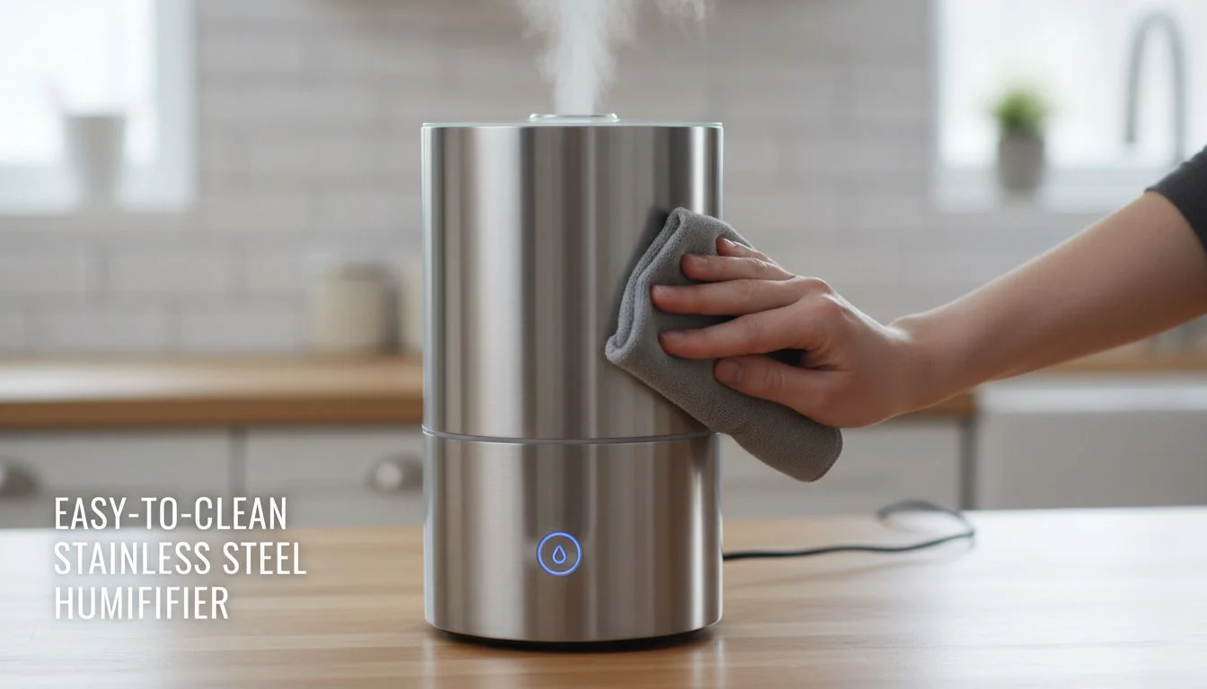 Easy-to-Clean Stainless Steel Humidifier A sleek, minimalist stainless steel humidifier being easily wiped clean with a cloth