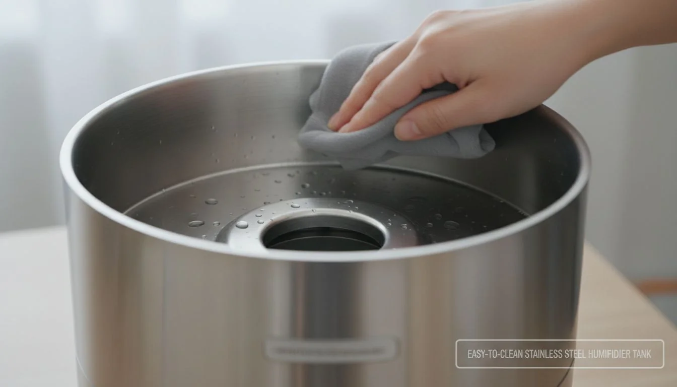 Close-up shot of a hand easily wiping the inside of a stainless steel water tank.