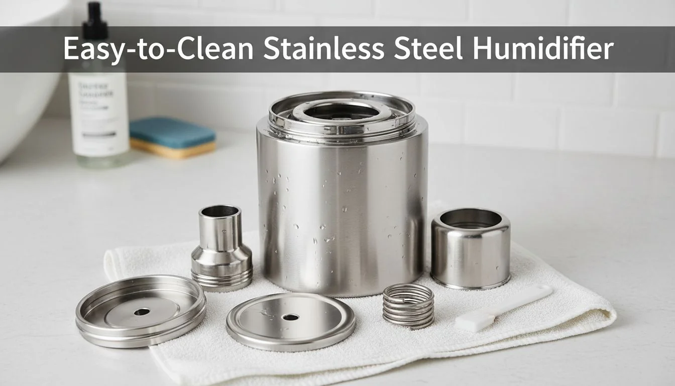 Easy-to-Clean Stainless Steel Humidifier A disassembled stainless steel humidifier ready for cleaning