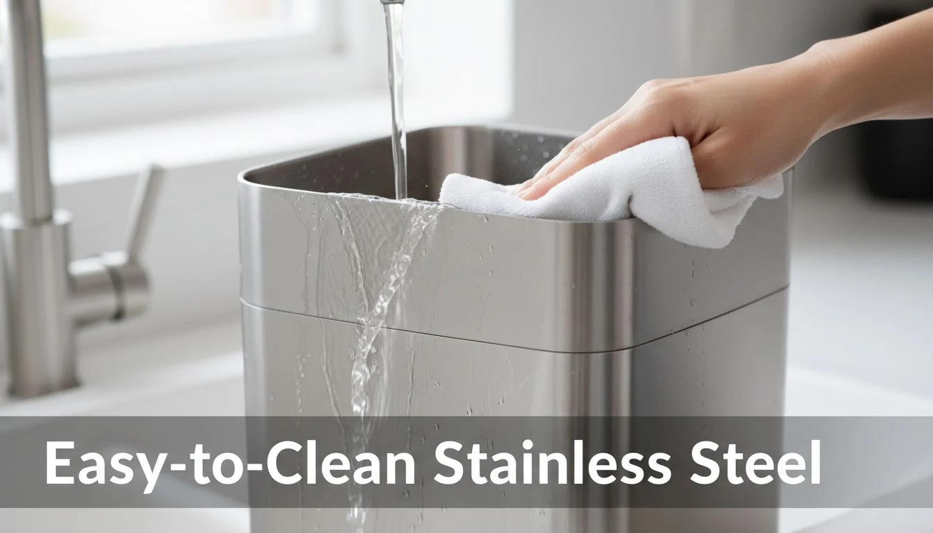 Easy-to-Clean Stainless Steel A hand confidently wiping a stainless steel humidifier tank, showing how easy it is to clean.