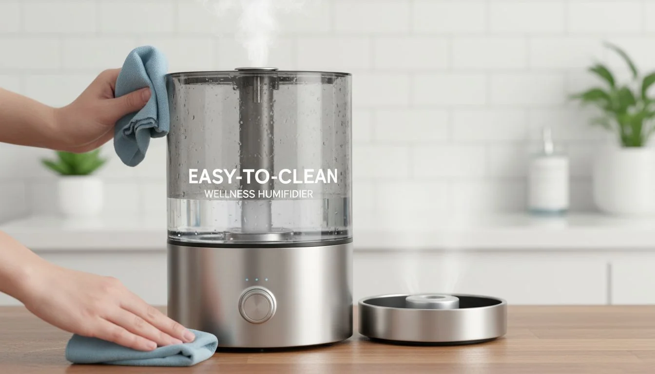 Easy-to-Clean Wellness Humidifier A sleek, stainless steel or glass humidifier being easily wiped clean.