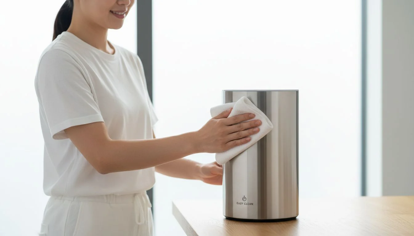 A person confidently cleaning a simple, elegant stainless steel wellness device with a cloth.