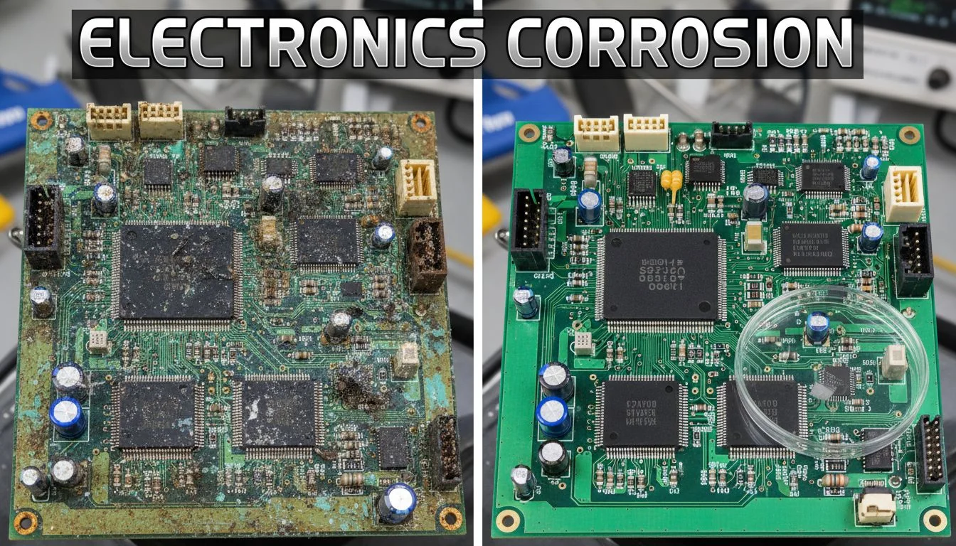 corroded circuit board next to a clean one