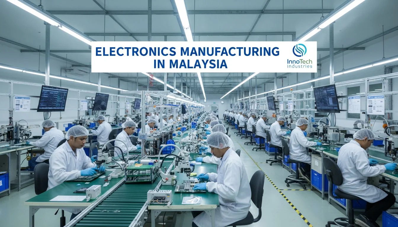 Electronics Manufacturing in Malaysia A modern electronics factory in Malaysia with workers on an assembly line