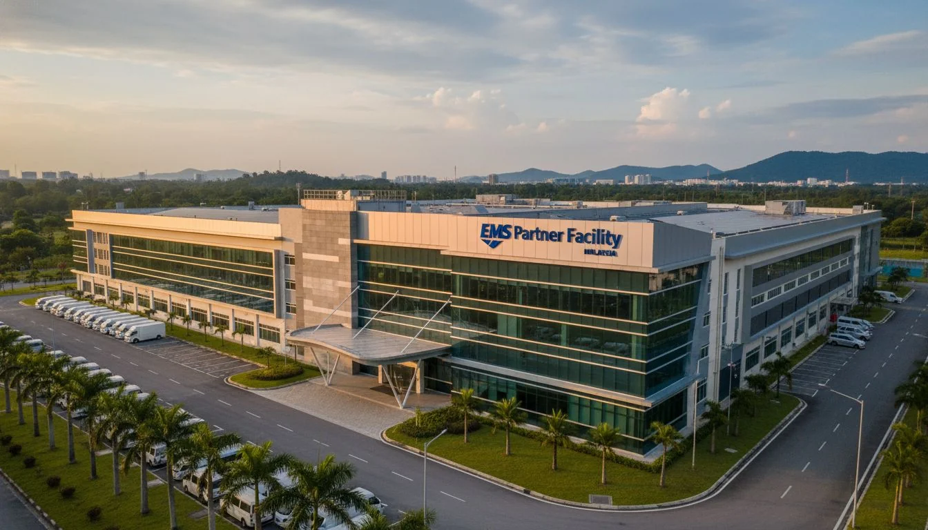EMS Partner Facility in Malaysia The exterior of a large, modern EMS manufacturing facility