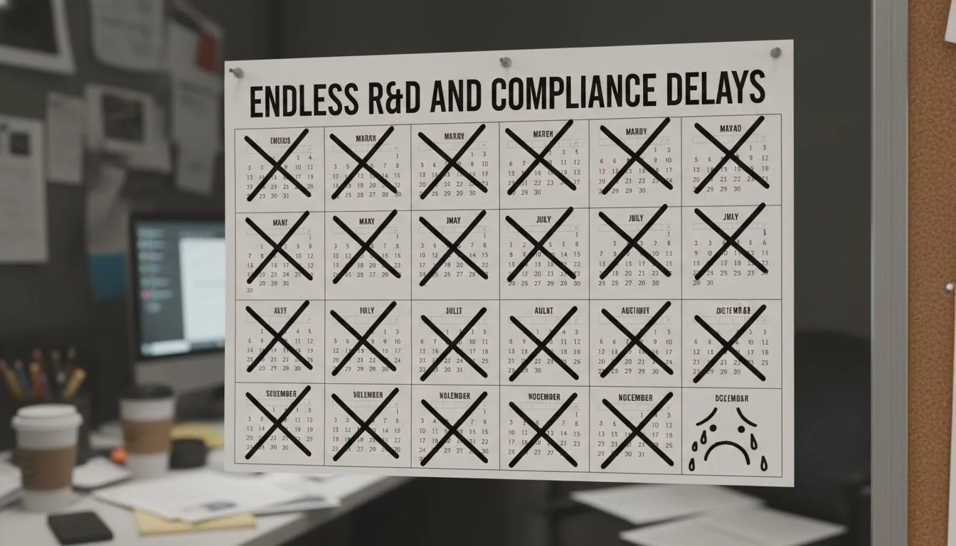 Endless R&D and Compliance Delays A calendar with 18 months crossed out, with a sad face at the end