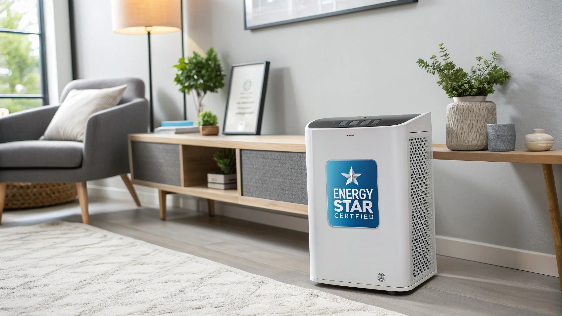 An Energy Star logo displayed prominently next to a sleek, modern air purifier in a stylish room.