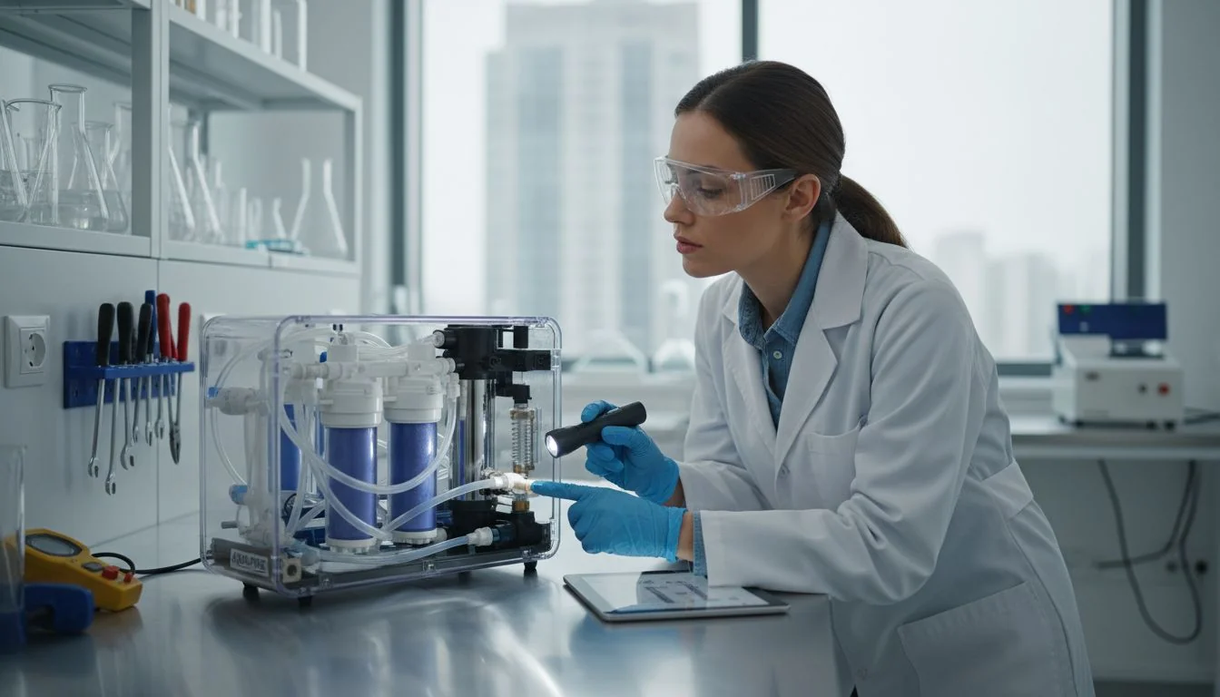 Engineer Inspecting Purifier engineer inspecting water purifier internal structure