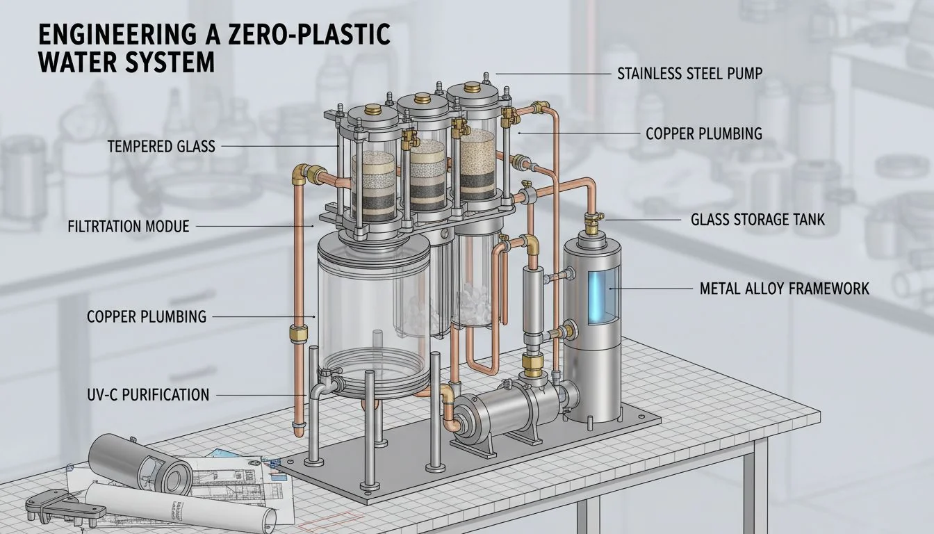 A CAD drawing or 3D model of a zero-plastic water system, highlighting the different metal and glass parts.