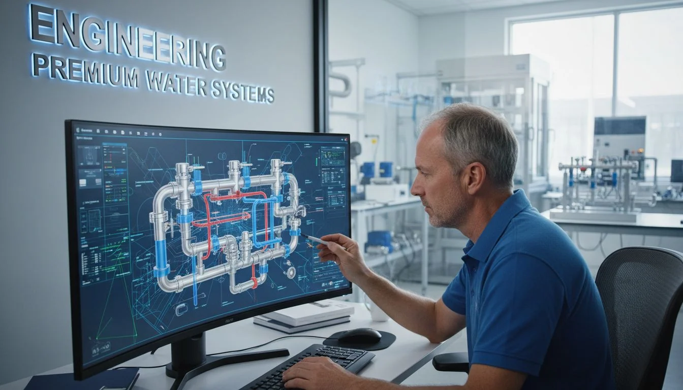 engineer examining a complex water manifold design on a computer screen