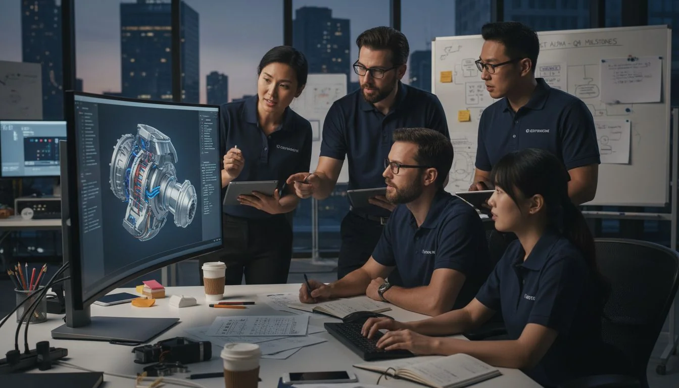 A photo of engineers collaborating over a 3D model on a computer screen