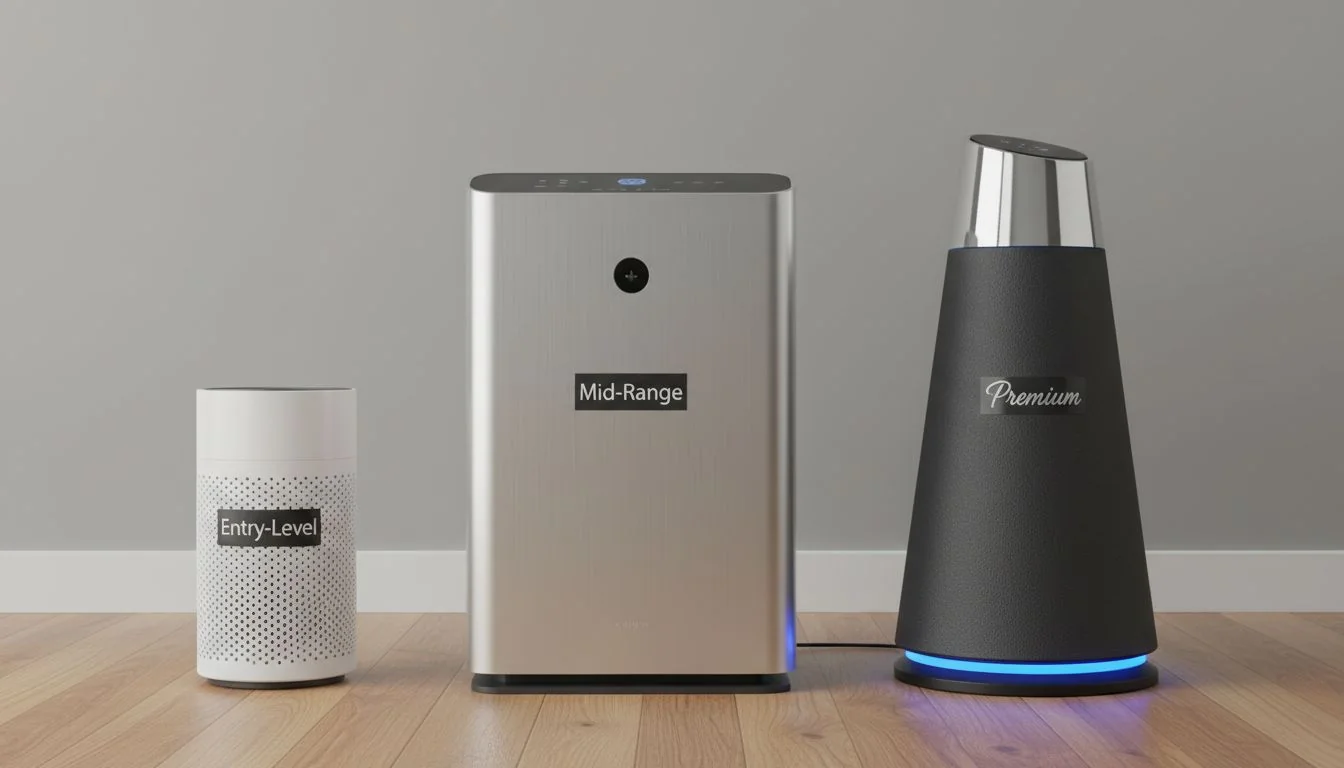 An image showing three air purifiers side-by-side: a small, simple one labeled 'Entry-Level', a medium-sized one labeled 'Mid-Range', and a large, stylish one labeled 'Premium'.